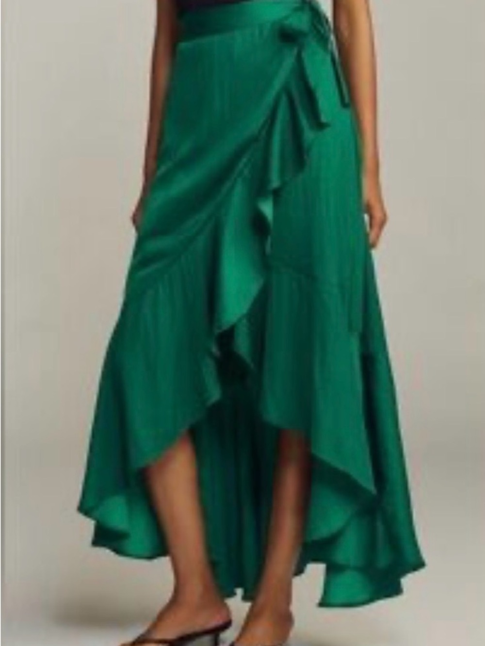 Anthropologie Maeve Green Satin Ruffled Asymmetrical Wrap Maxi Skirt Size Large